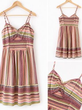 Express. XS Striped Spaghetti‑Strap Sundress in Mauve and Multi-Stripe